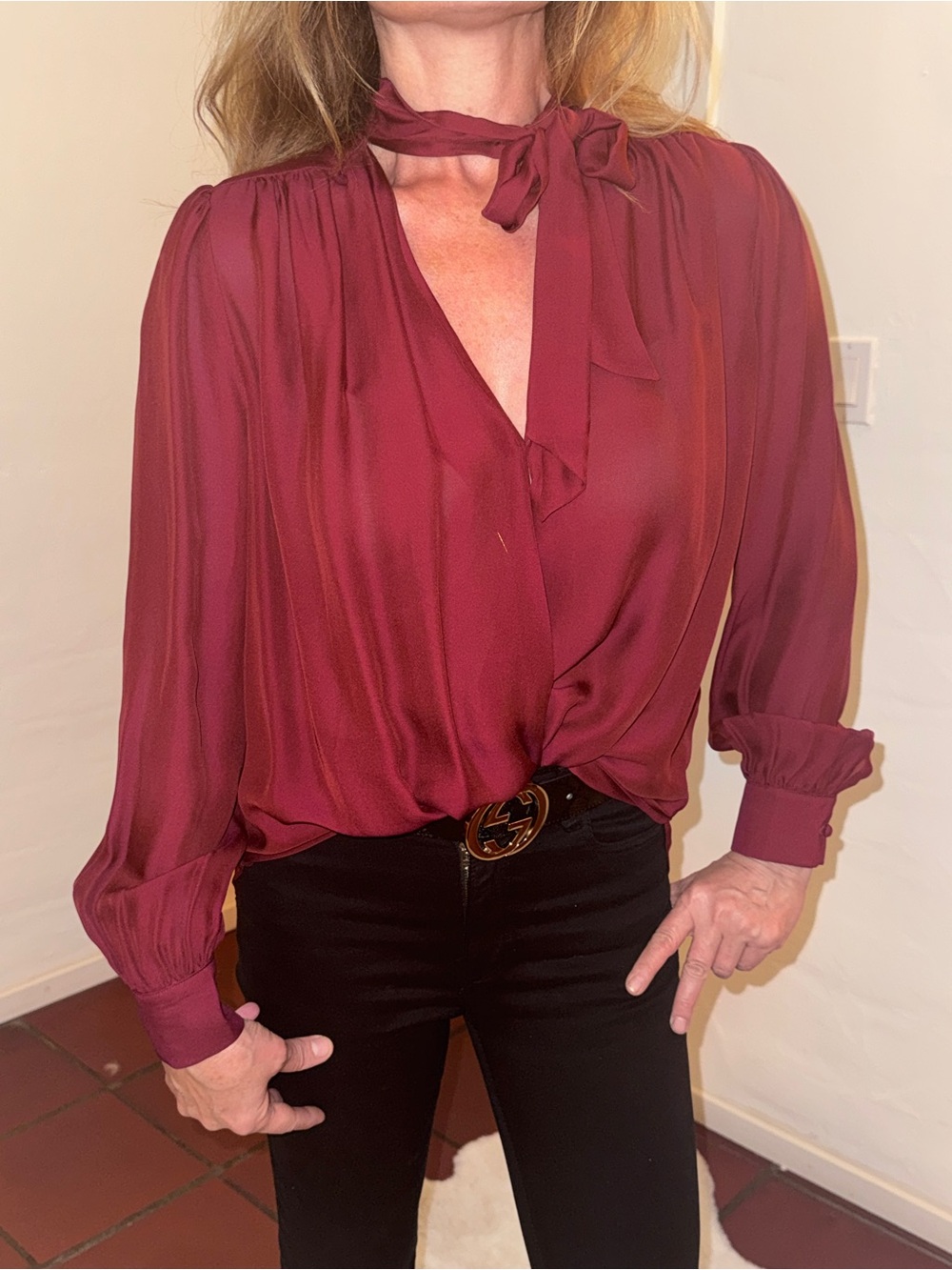 7 For All Mankind Burgundy Tie-Neck Long Sleeve Blouse